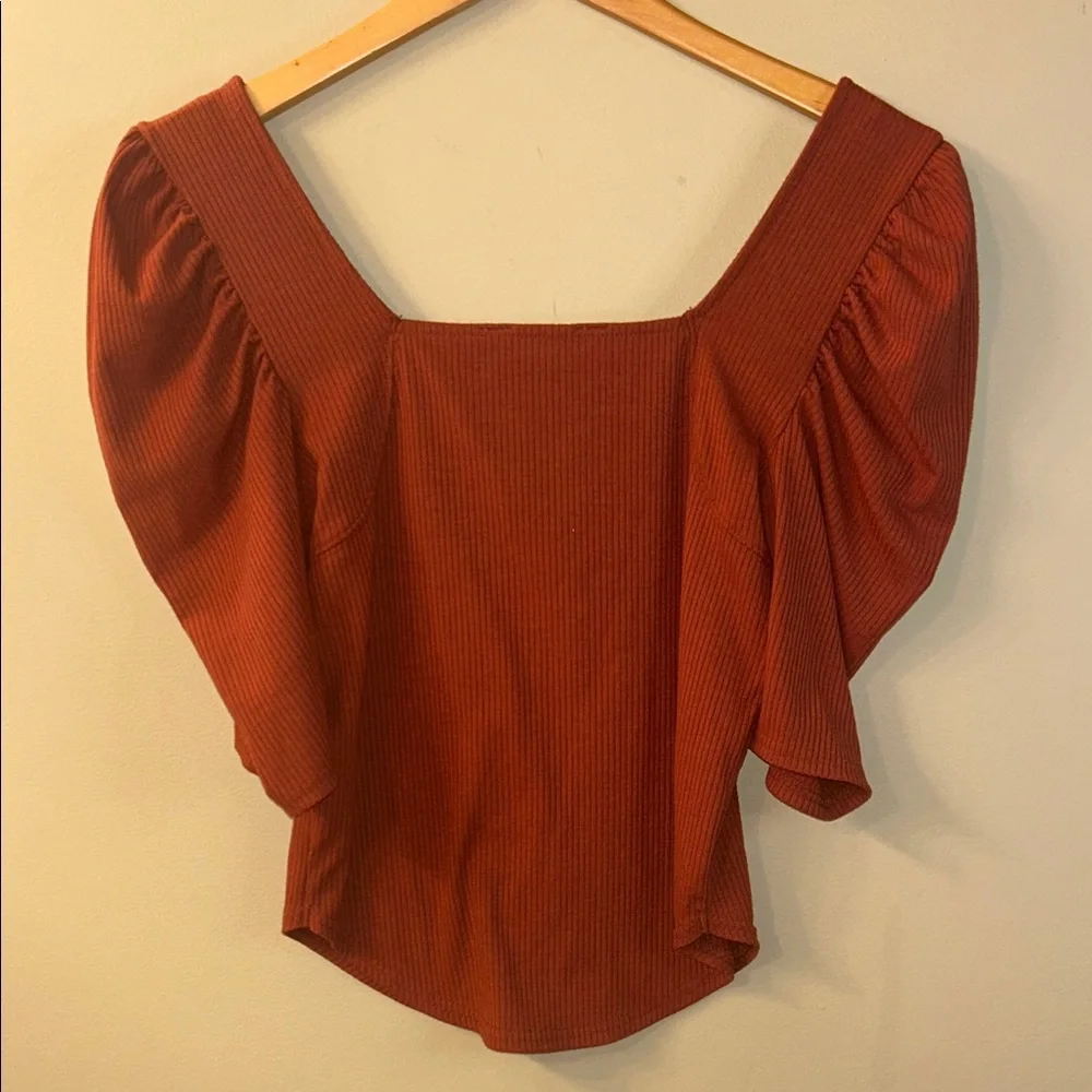 Free People Night Lily Top Puff Sleeve Ribbed Shirt - Rust Size M